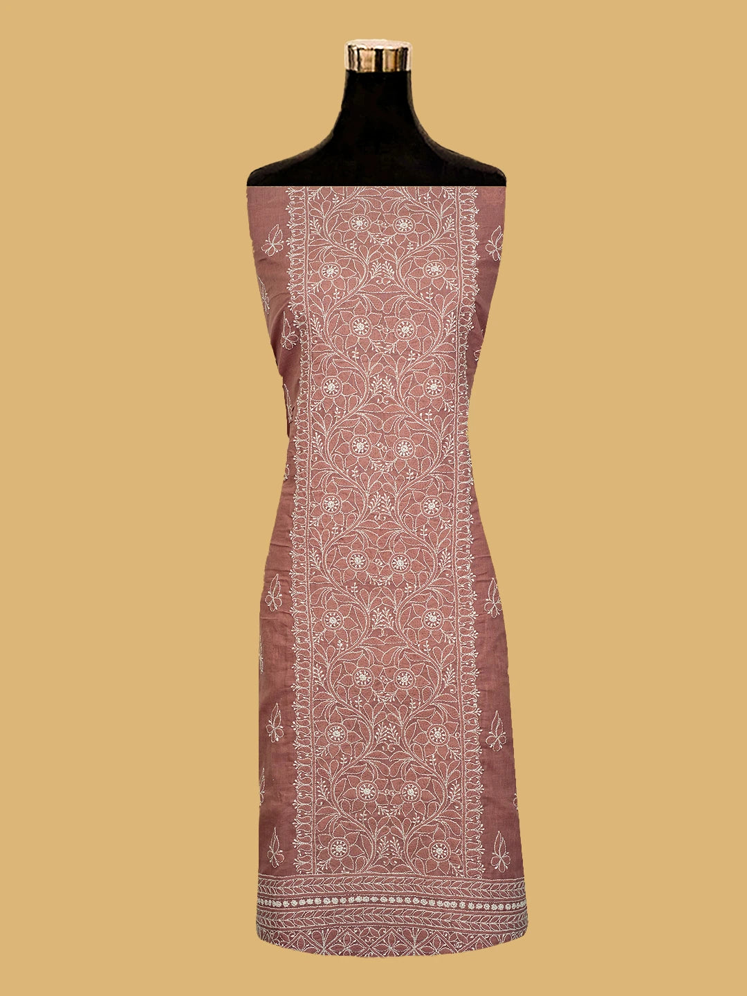 Ada Hand Embroidered Dusty Peach Cotton Lucknowi Chikankari Unstitched Kurta Piece 01A724660