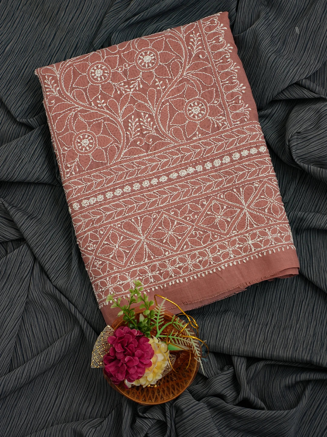 Ada Hand Embroidered Dusty Peach Cotton Lucknowi Chikankari Unstitched Kurta Piece 01A724660