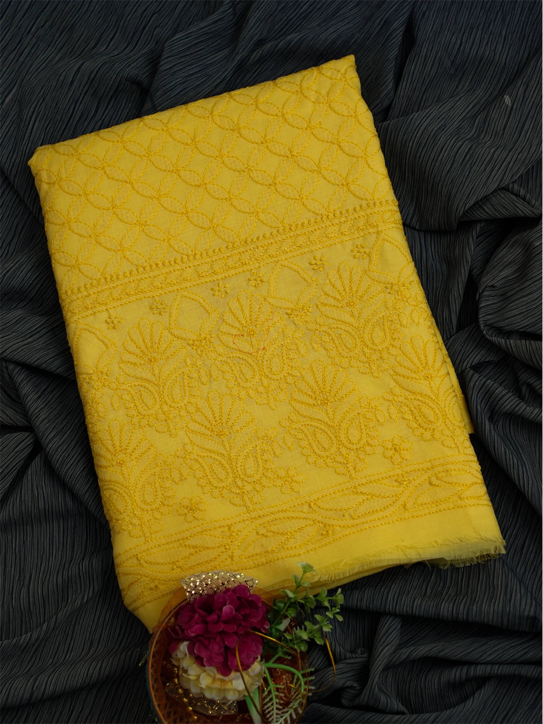 Ada Hand Embroidered Yellow Cotton Lucknowi Chikankari Unstitched Kurta Piece 01A724675