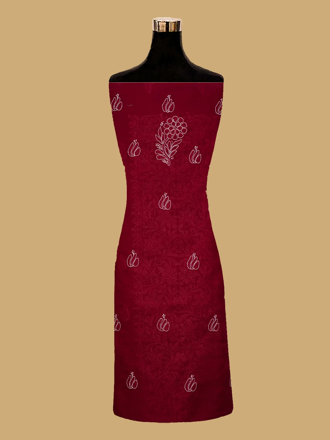 Ada Hand Embroidered Red Cotton Lucknowi Chikankari Unstitched Kurta Piece 01A724650