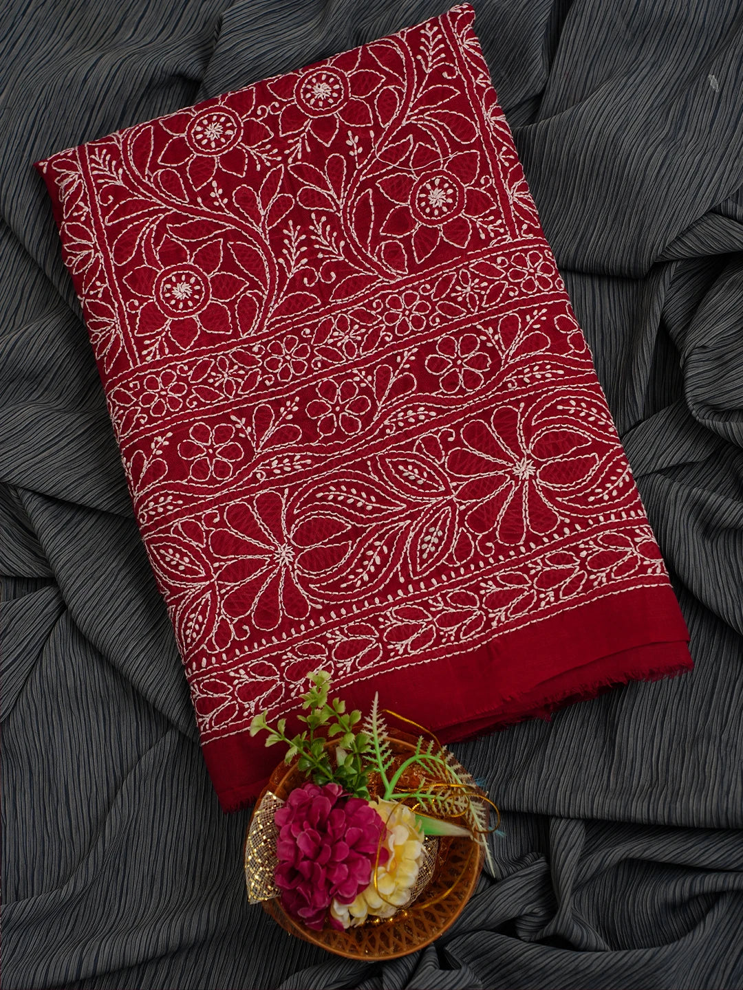 Ada Hand Embroidered Red Cotton Lucknowi Chikankari Unstitched Kurta Piece 01A724650