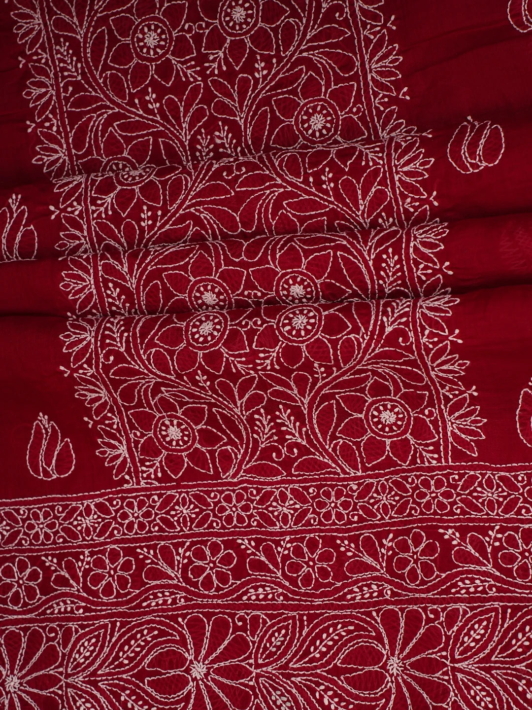Ada Hand Embroidered Red Cotton Lucknowi Chikankari Unstitched Kurta Piece 01A724650