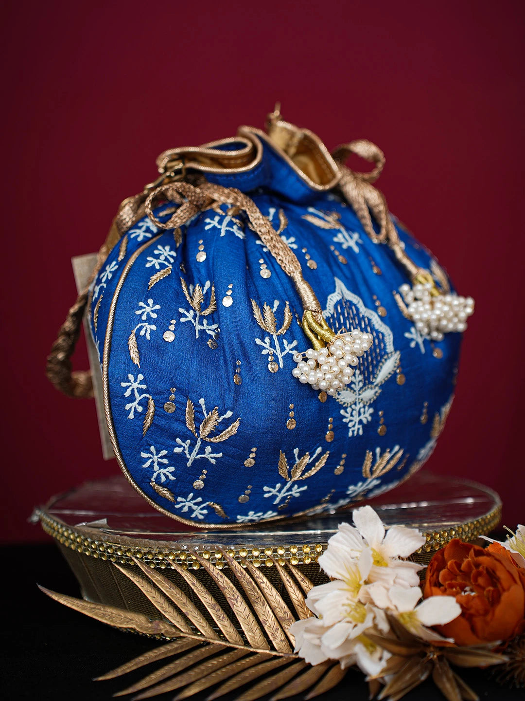 Ada Hand Embroidered Navy Blue Silk Lucknowi Chikankari Potli Bag With Zari Work 01A725578