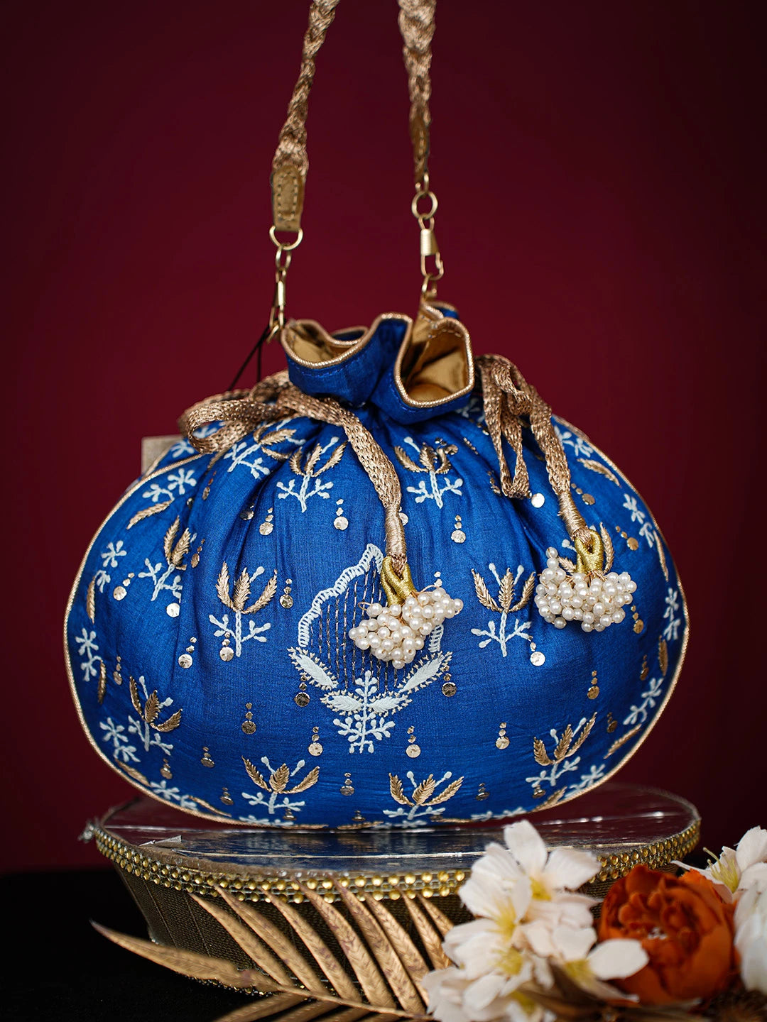 Ada Hand Embroidered Navy Blue Silk Lucknowi Chikankari Potli Bag With Zari Work 01A725578