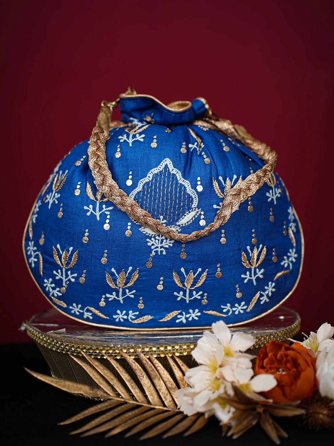 Ada Hand Embroidered Navy Blue Silk Lucknowi Chikankari Potli Bag With Zari Work 01A725578