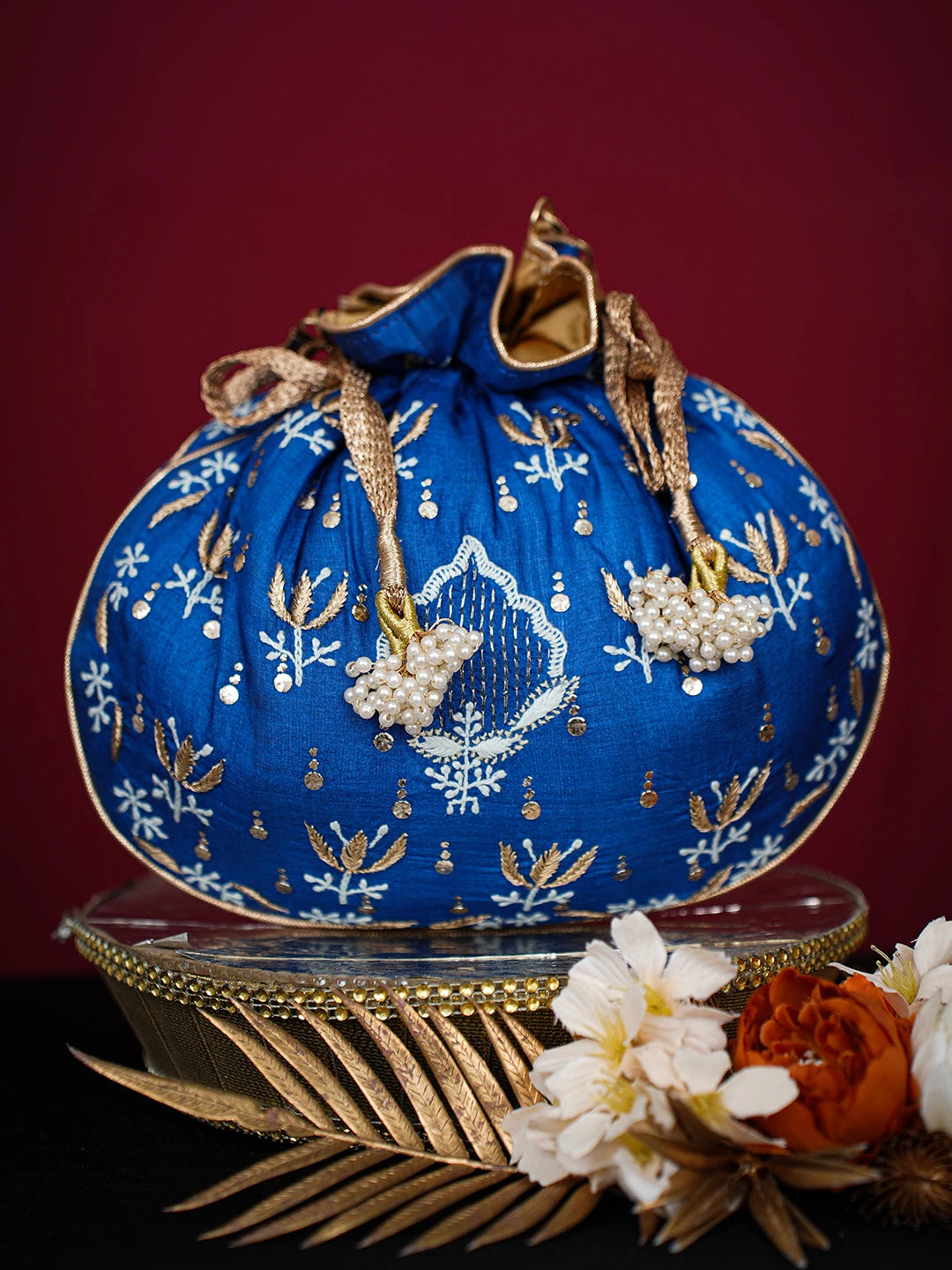 Ada Hand Embroidered Navy Blue Silk Lucknowi Chikankari Potli Bag With Zari Work 01A725578