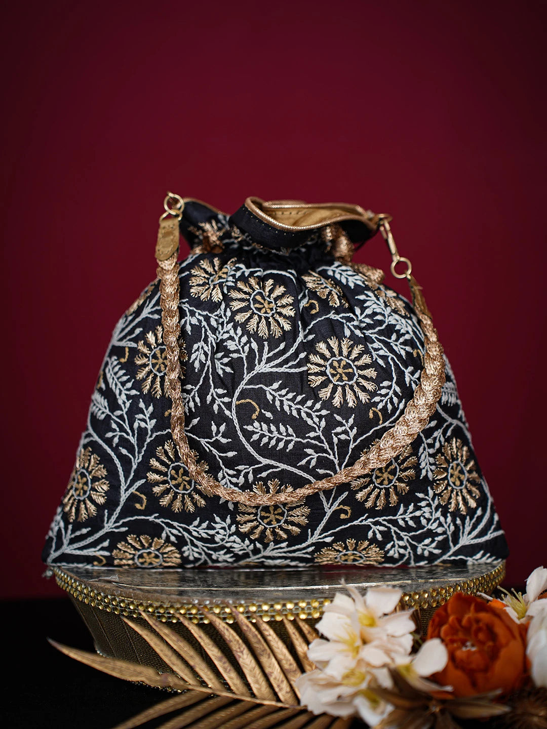 Ada Hand Embroidered Black Silk Lucknowi Chikankari Potli Bag With Zari Work 01A725675