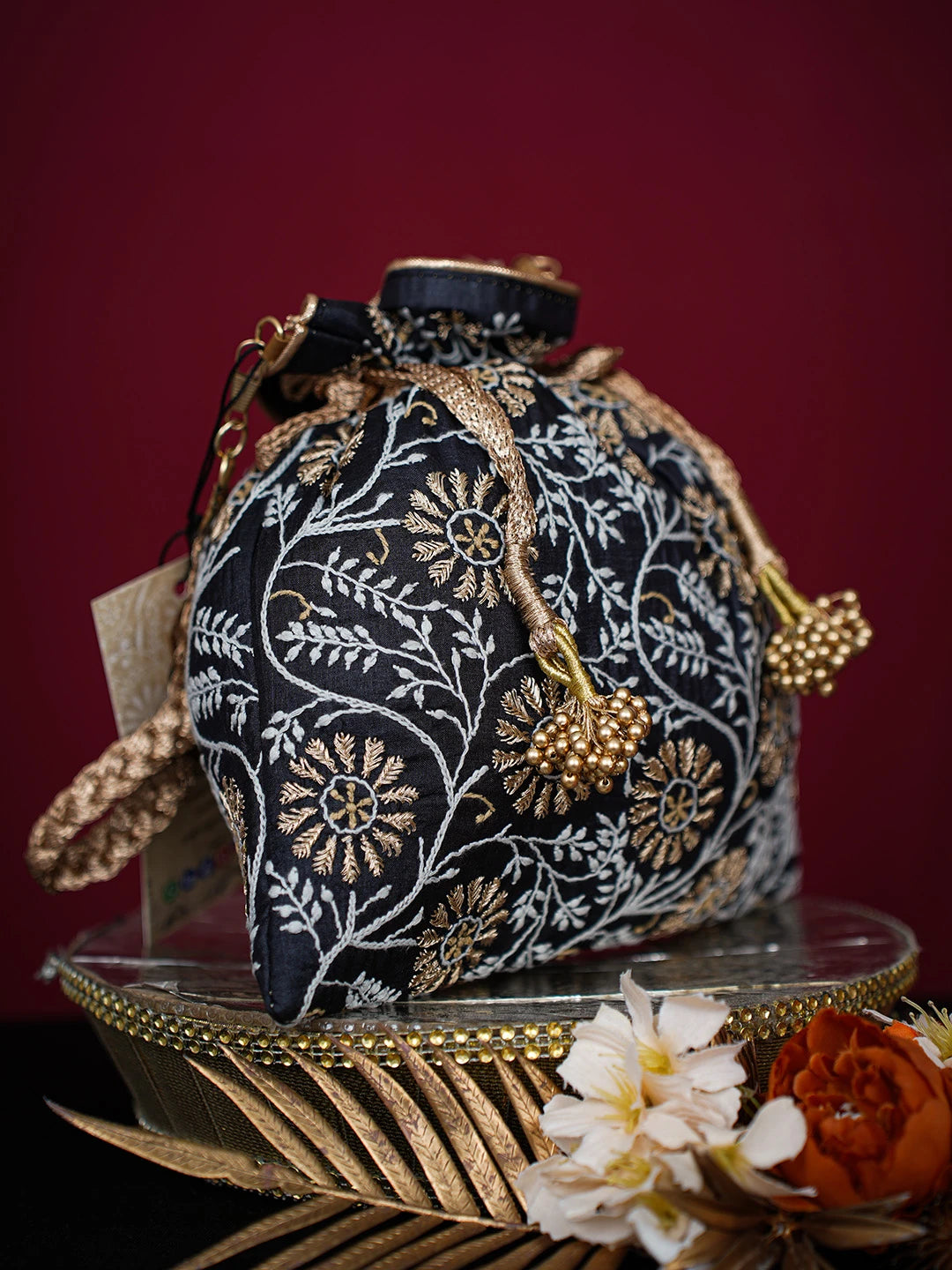 Ada Hand Embroidered Black Silk Lucknowi Chikankari Potli Bag With Zari Work 01A725675