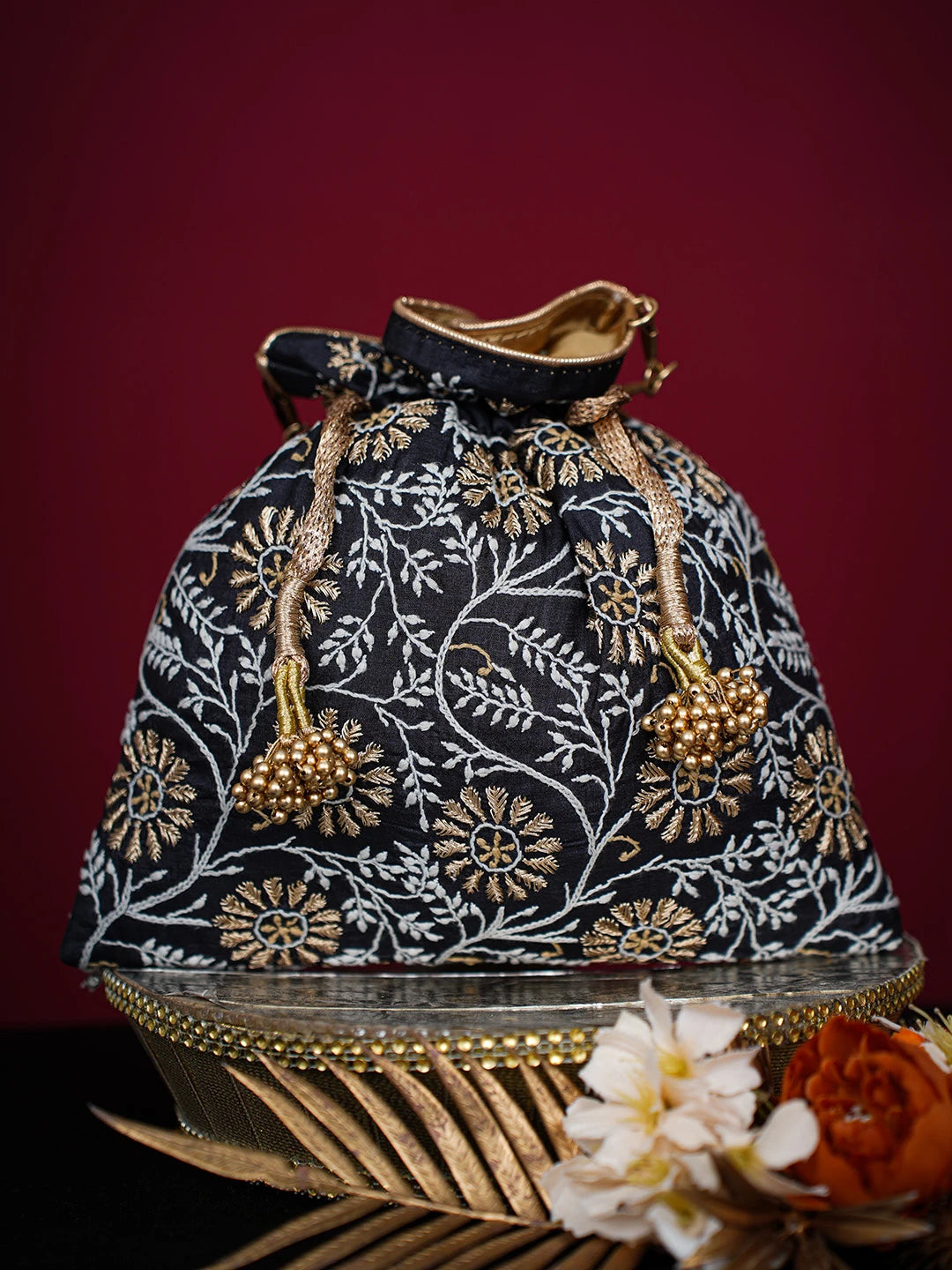 Ada Hand Embroidered Black Silk Lucknowi Chikankari Potli Bag With Zari Work 01A725675