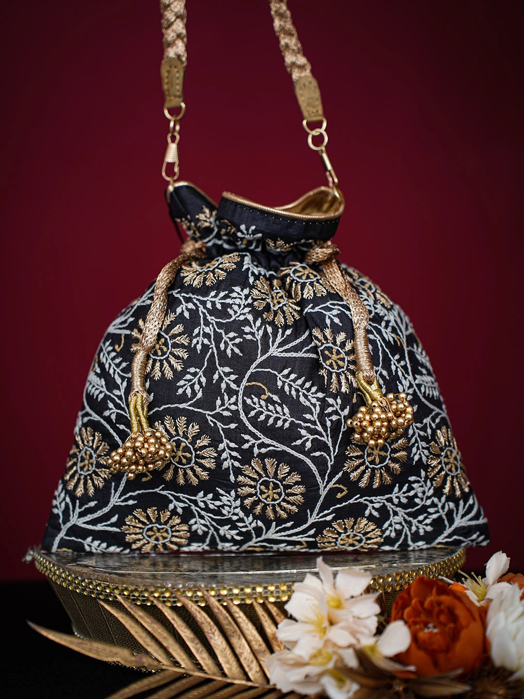 Ada Hand Embroidered Black Silk Lucknowi Chikankari Potli Bag With Zari Work 01A725675