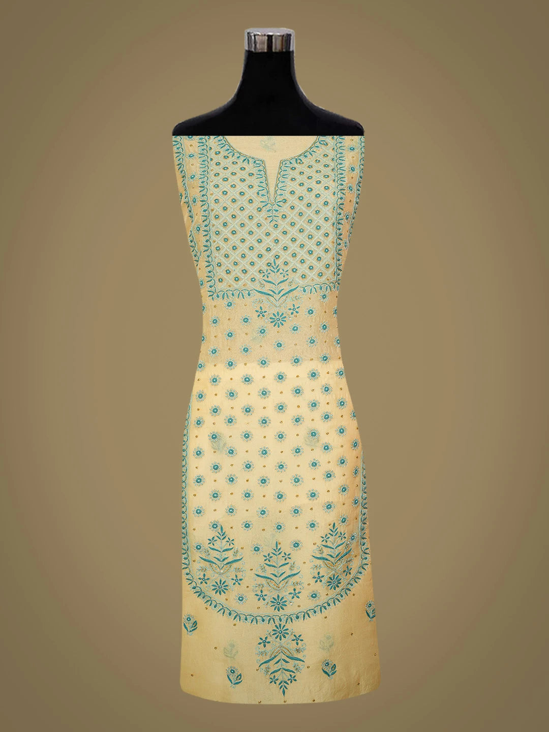 Ada Hand Embroidered Beige Organza Lucknowi Chikankari Unstitched Kurta Dupatta Set With Cutdana Work 01A694032