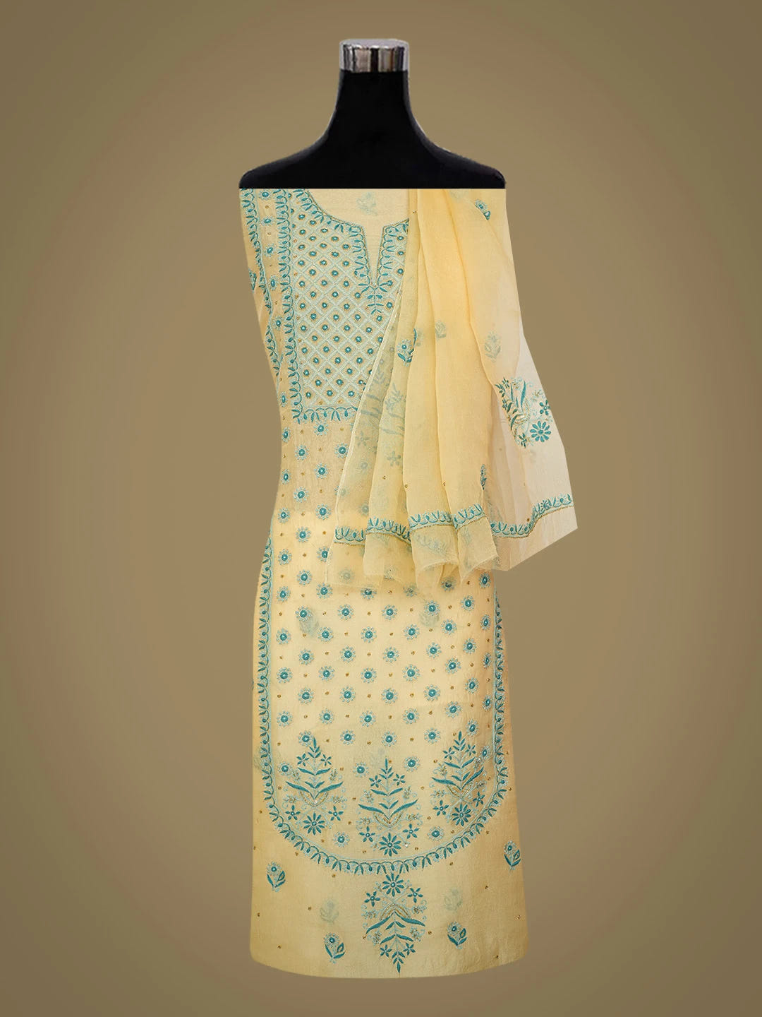 Ada Hand Embroidered Beige Organza Lucknowi Chikankari Unstitched Kurta Dupatta Set With Cutdana Work 01A694032