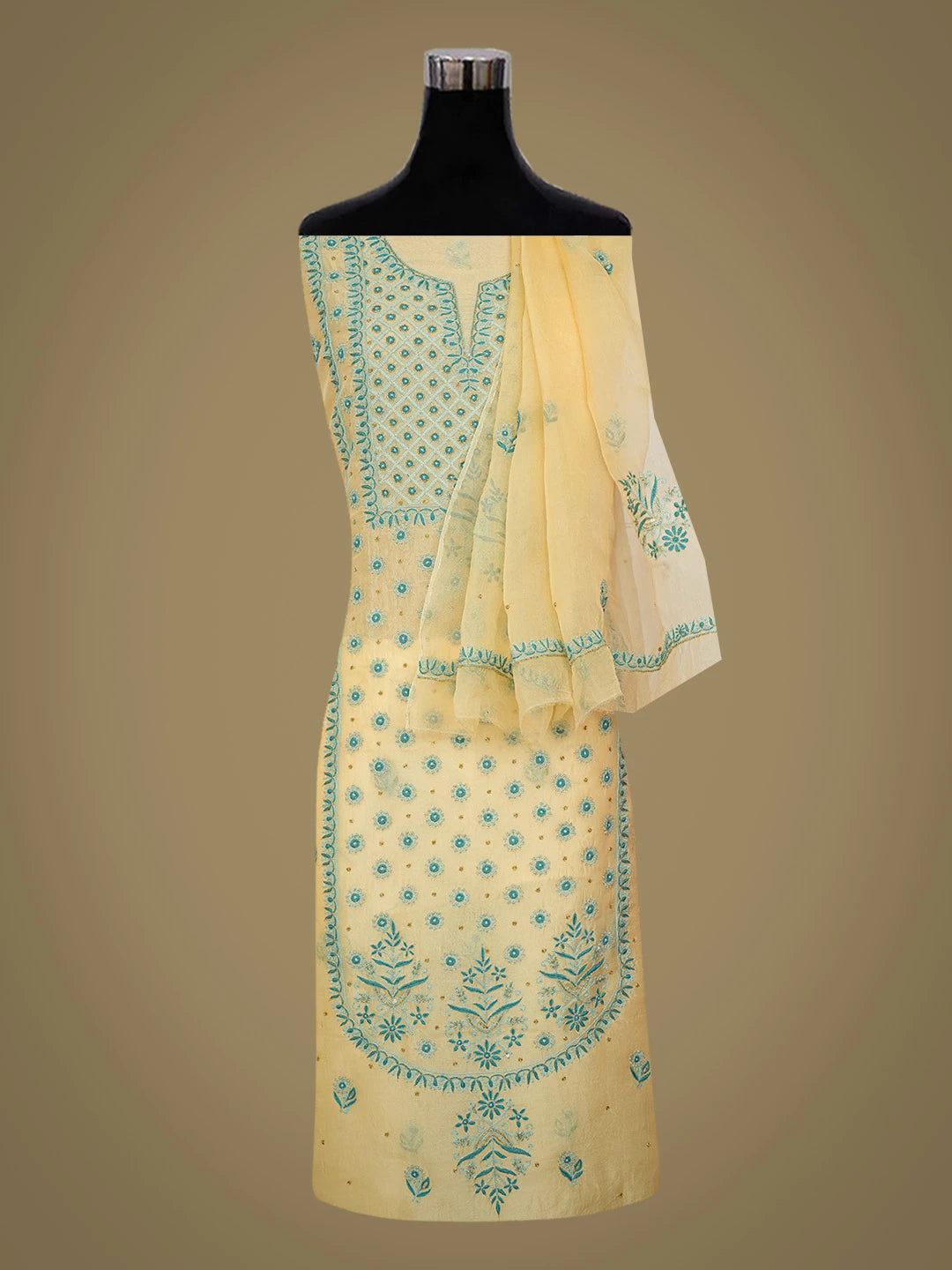 Ada Hand Embroidered Beige Organza Lucknowi Chikankari Unstitched Kurta Dupatta Set With Cutdana Work 01A694032