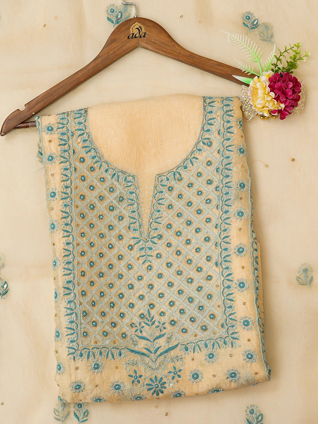 Ada Hand Embroidered Beige Organza Lucknowi Chikankari Unstitched Kurta Dupatta Set With Cutdana Work 01A694032