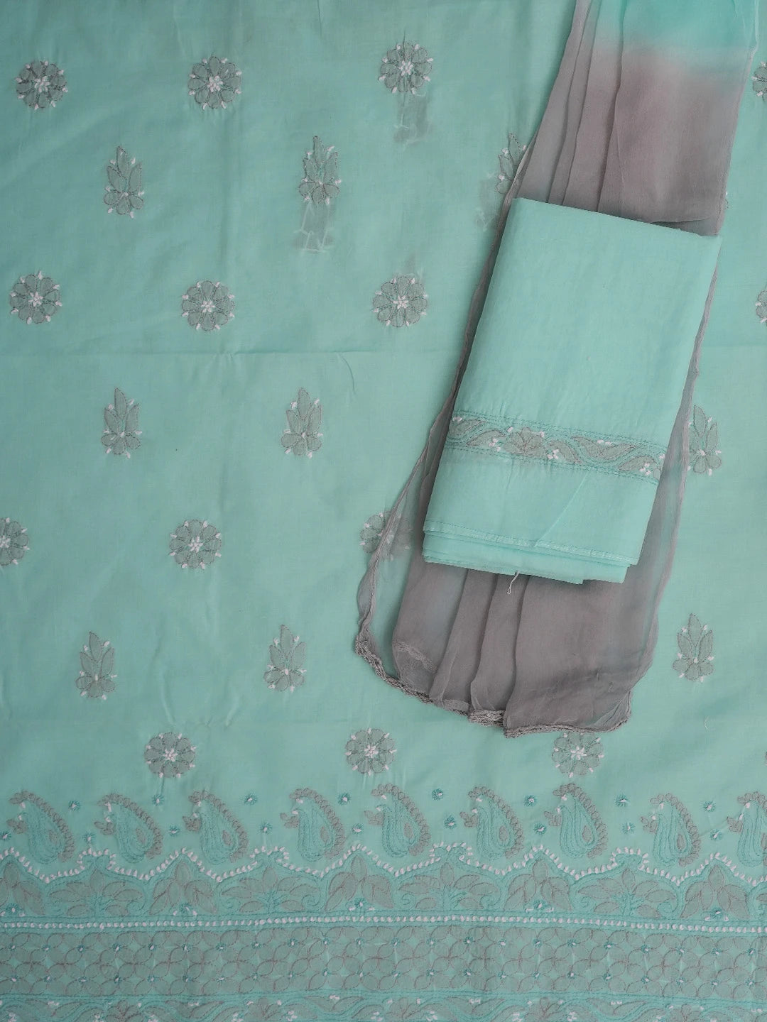 Ada Hand Embroidered Blue Cotton Lucknowi Chikankari Unstitched Suit Piece 01A724561