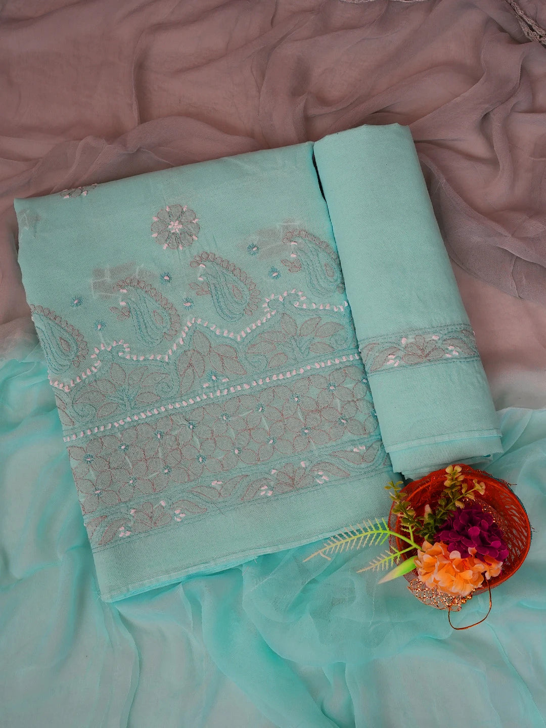 Ada Hand Embroidered Blue Cotton Lucknowi Chikankari Unstitched Suit Piece 01A724561