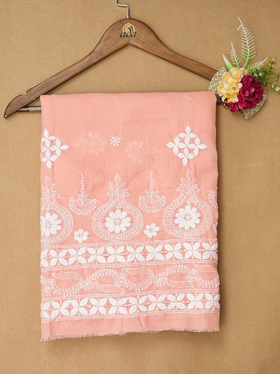 Ada Hand Embroidered Peach Cotton Lucknowi Chikankari Unstitched Kurta Piece 01A718446