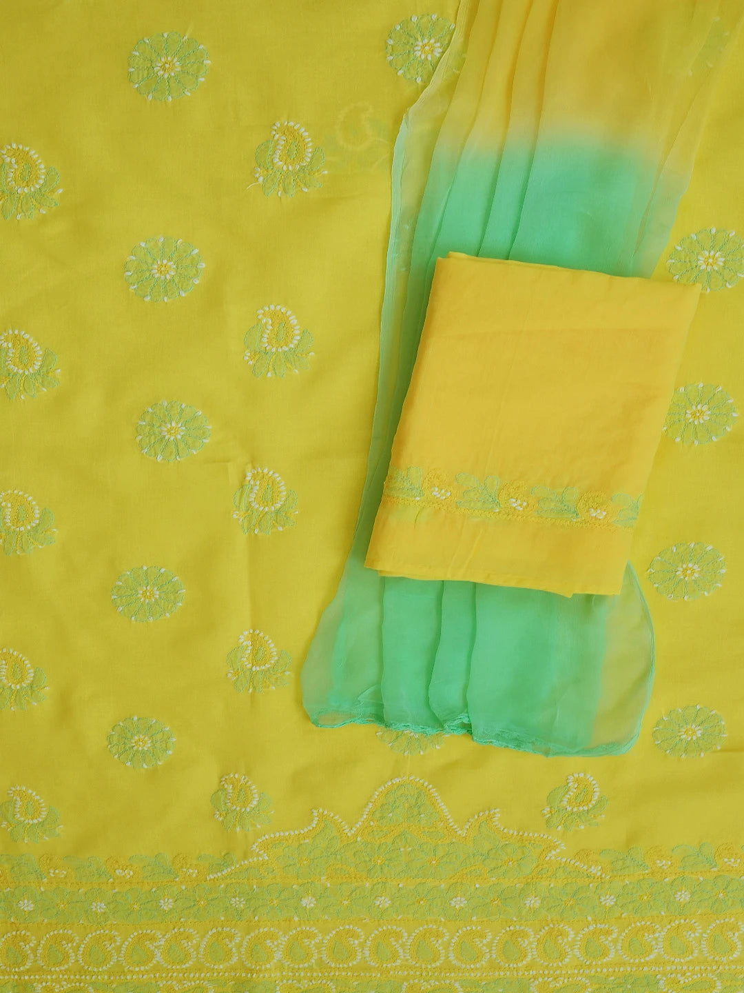 Ada Hand Embroidered Yellow Cotton Lucknowi Chikankari Unstitched Suit Piece 01A724550