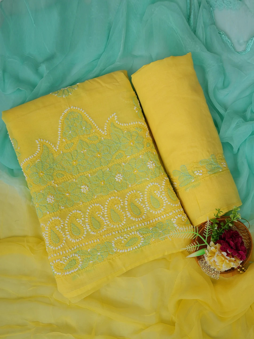 Ada Hand Embroidered Yellow Cotton Lucknowi Chikankari Unstitched Suit Piece 01A724550