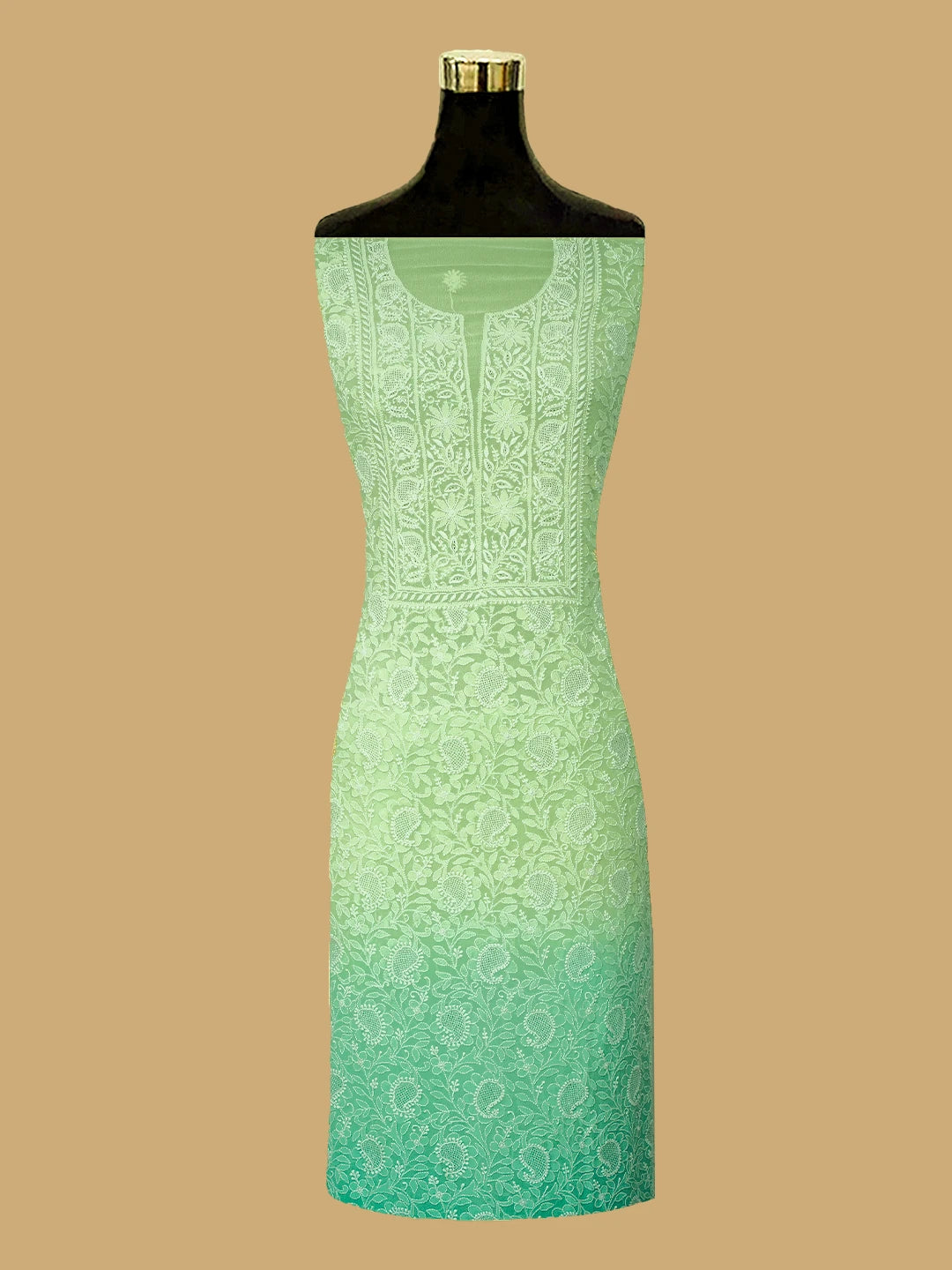 Ada Hand Embroidered Ombre Shade Of Lime Green And Sea Green Pure Georgette Lucknowi Chikankari Unstitched Kurta Dupatta Set 01A590714