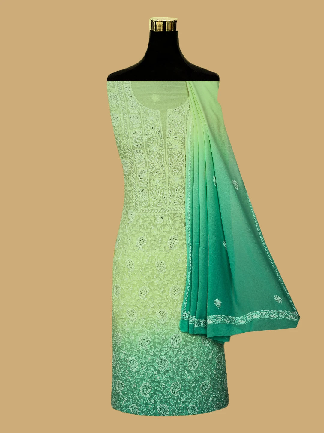 Ada Hand Embroidered Ombre Shade Of Lime Green And Sea Green Pure Georgette Lucknowi Chikankari Unstitched Kurta Dupatta Set 01A590714
