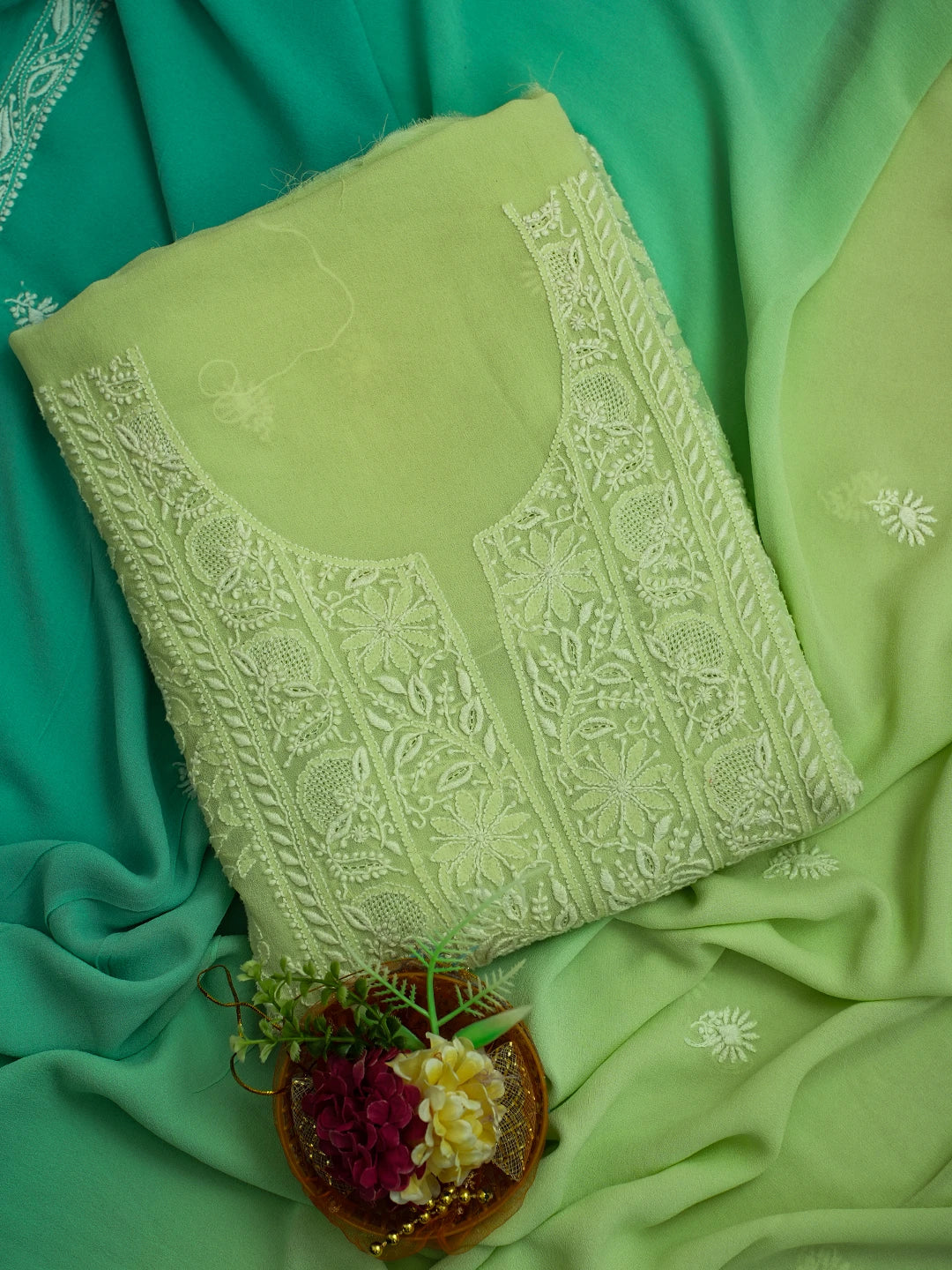 Ada Hand Embroidered Ombre Shade Of Lime Green And Sea Green Pure Georgette Lucknowi Chikankari Unstitched Kurta Dupatta Set 01A590714