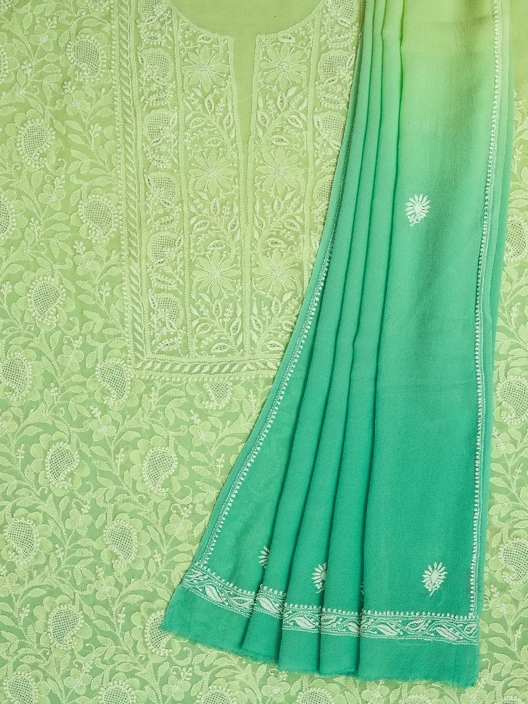 Ada Hand Embroidered Ombre Shade Of Lime Green And Sea Green Pure Georgette Lucknowi Chikankari Unstitched Kurta Dupatta Set 01A590714