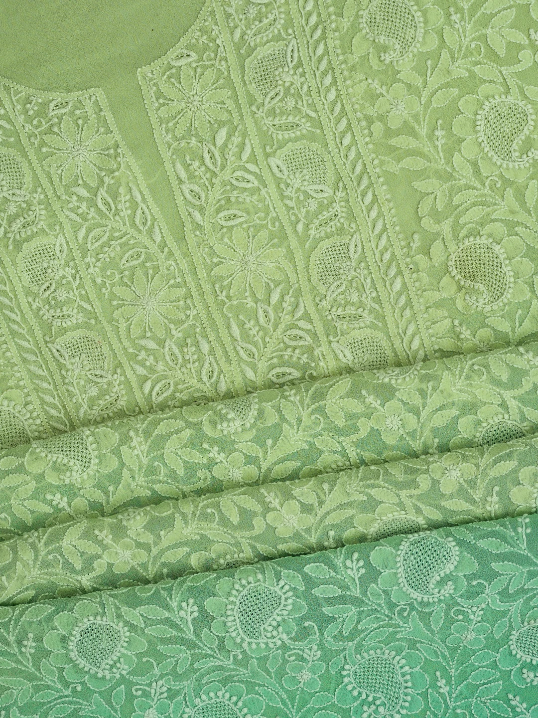 Ada Hand Embroidered Ombre Shade Of Lime Green And Sea Green Pure Georgette Lucknowi Chikankari Unstitched Kurta Dupatta Set 01A590714
