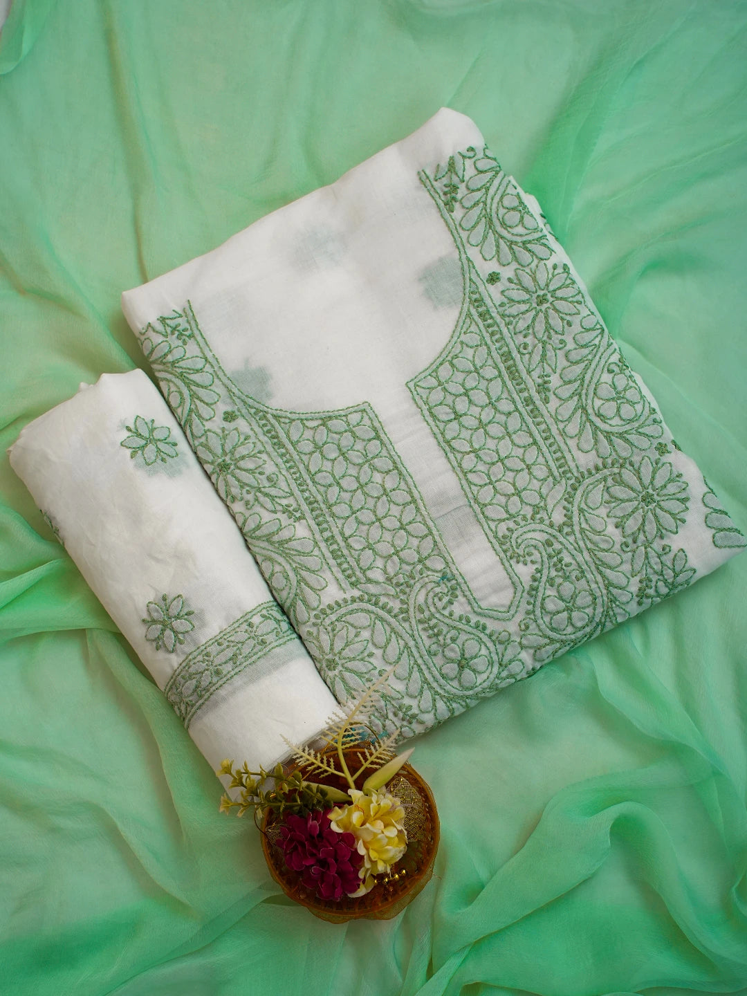 Ada Hand Embroidered White Cotton Lucknowi Chikankari Unstitched Suit Piece 01A715803