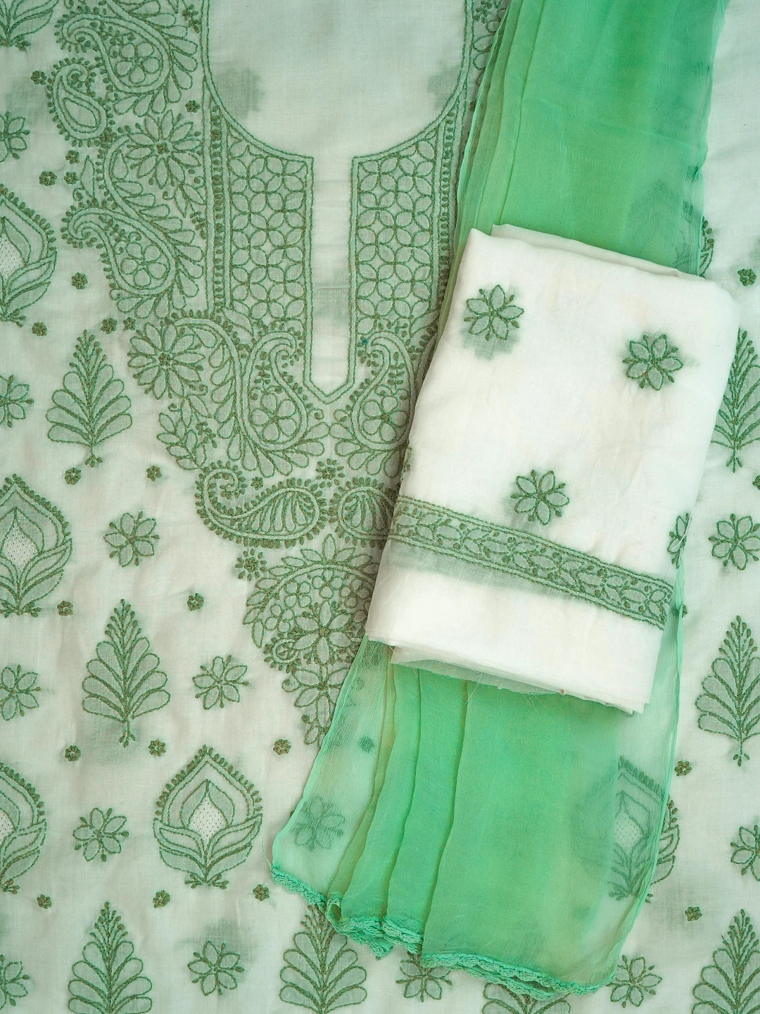 Ada Hand Embroidered White Cotton Lucknowi Chikankari Unstitched Suit Piece 01A715803