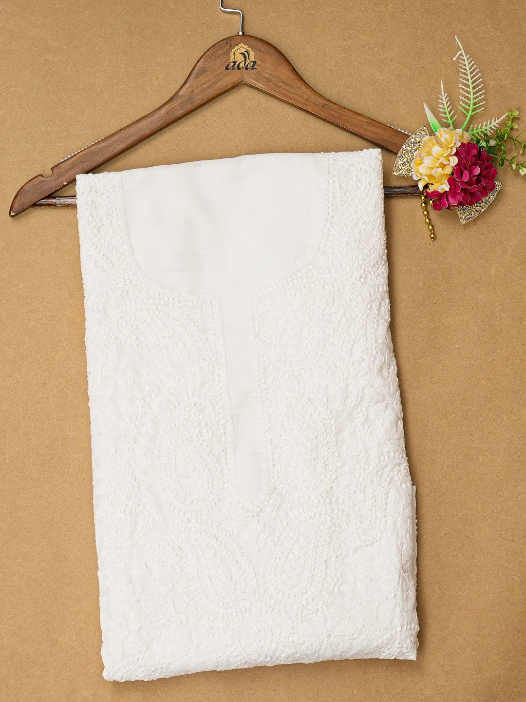 Ada Hand Embroidered White Cotton Lucknowi Chikankari Unstitched Kurta Piece 01A724523