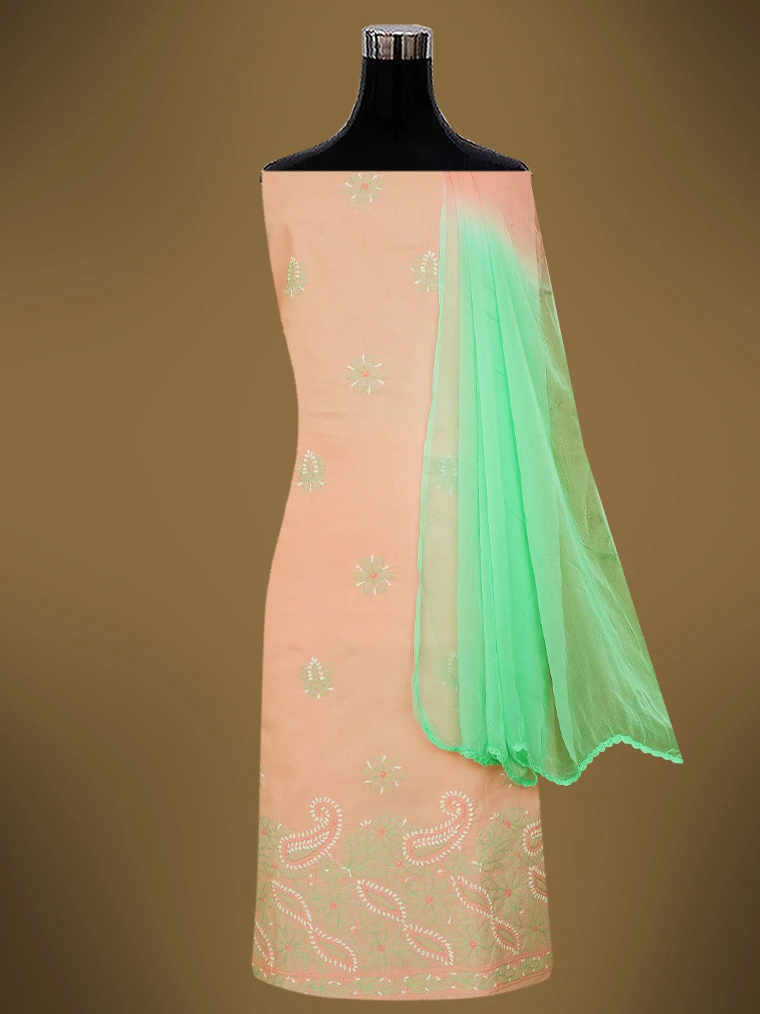 Ada Hand Embroidered Peach Cotton Lucknowi Chikankari Unstitched Suit Piece 01A724544