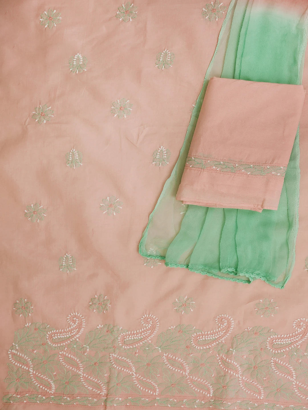 Ada Hand Embroidered Peach Cotton Lucknowi Chikankari Unstitched Suit Piece 01A724544