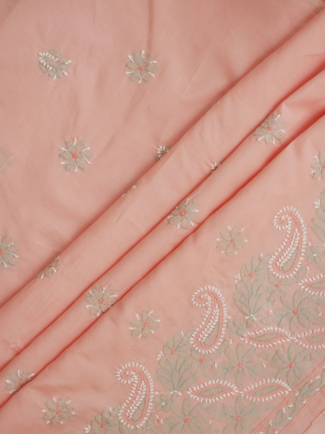 Ada Hand Embroidered Peach Cotton Lucknowi Chikankari Unstitched Suit Piece 01A724544