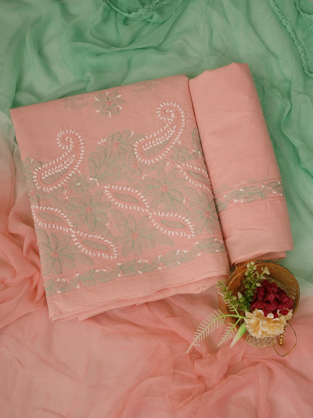 Ada Hand Embroidered Peach Cotton Lucknowi Chikankari Unstitched Suit Piece 01A724544