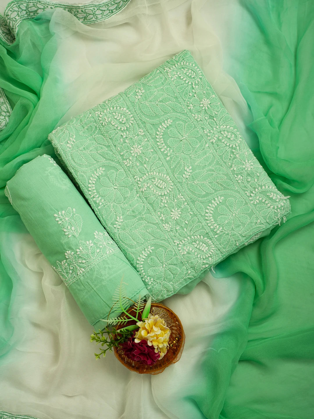 Ada Hand Embroidered Emerald Green Cotton Lucknowi Chikankari Unstitched Suit Piece 01A626791