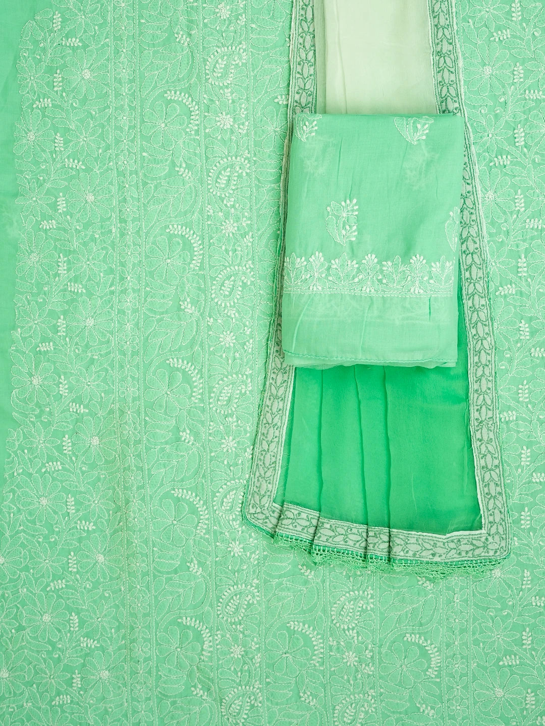 Ada Hand Embroidered Emerald Green Cotton Lucknowi Chikankari Unstitched Suit Piece 01A626791