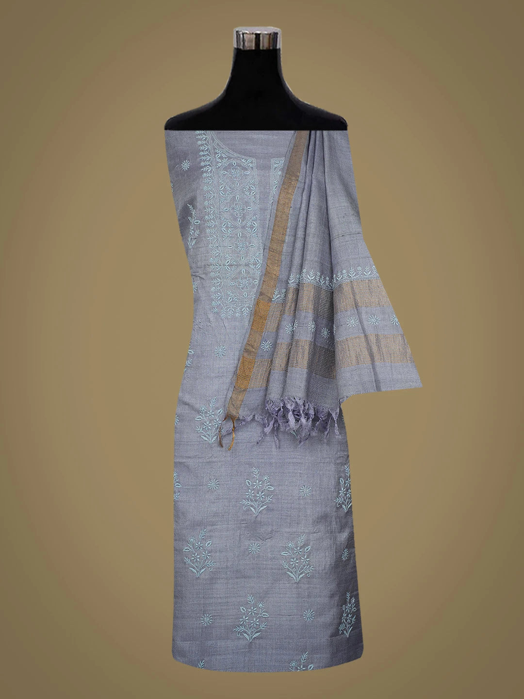 Ada Hand Embroidered Cool Grey Silk Lucknowi Chikankari Unstitched Kurta Dupatta Set 01A716268