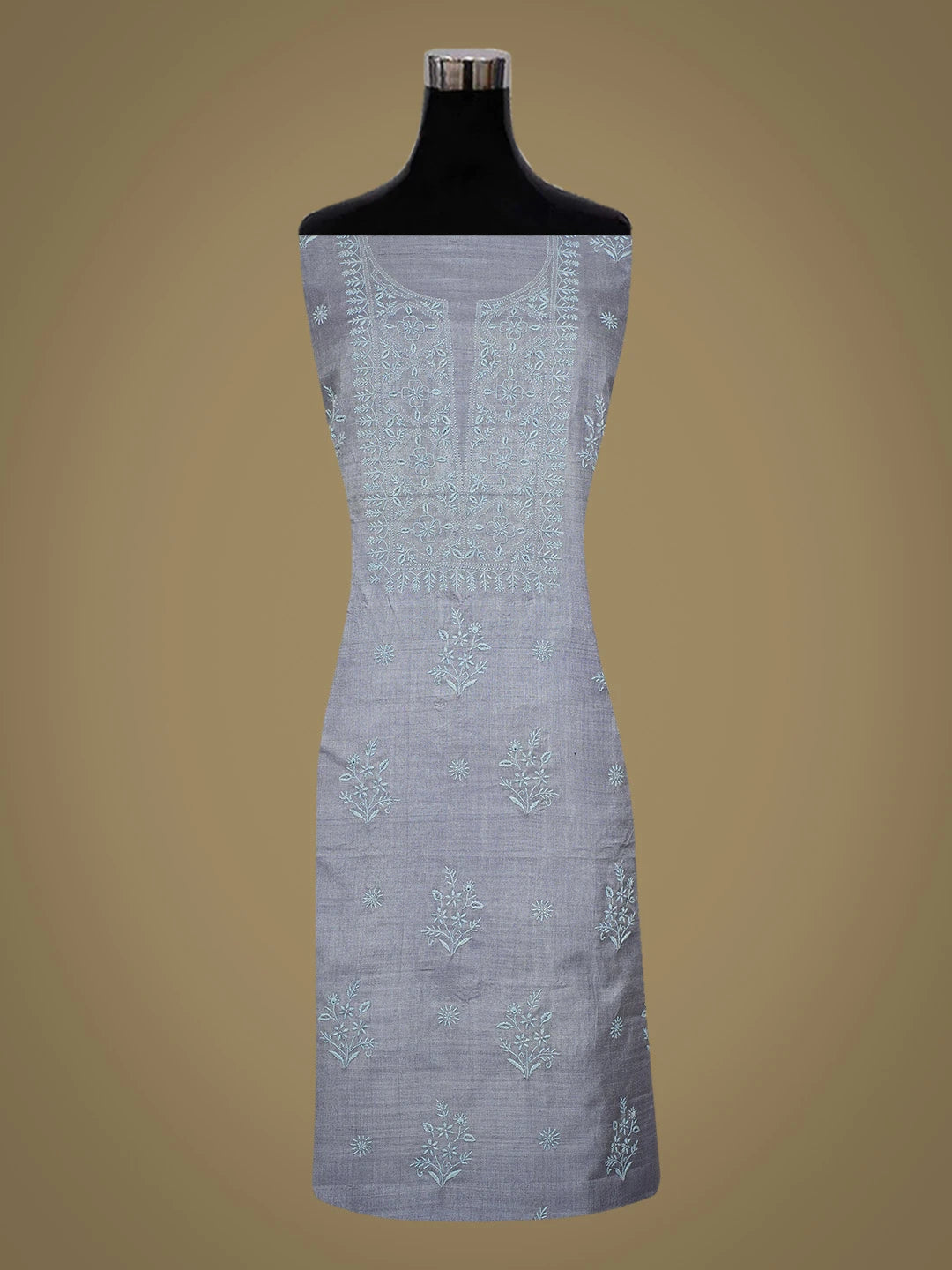 Ada Hand Embroidered Cool Grey Silk Lucknowi Chikankari Unstitched Kurta Dupatta Set 01A716268