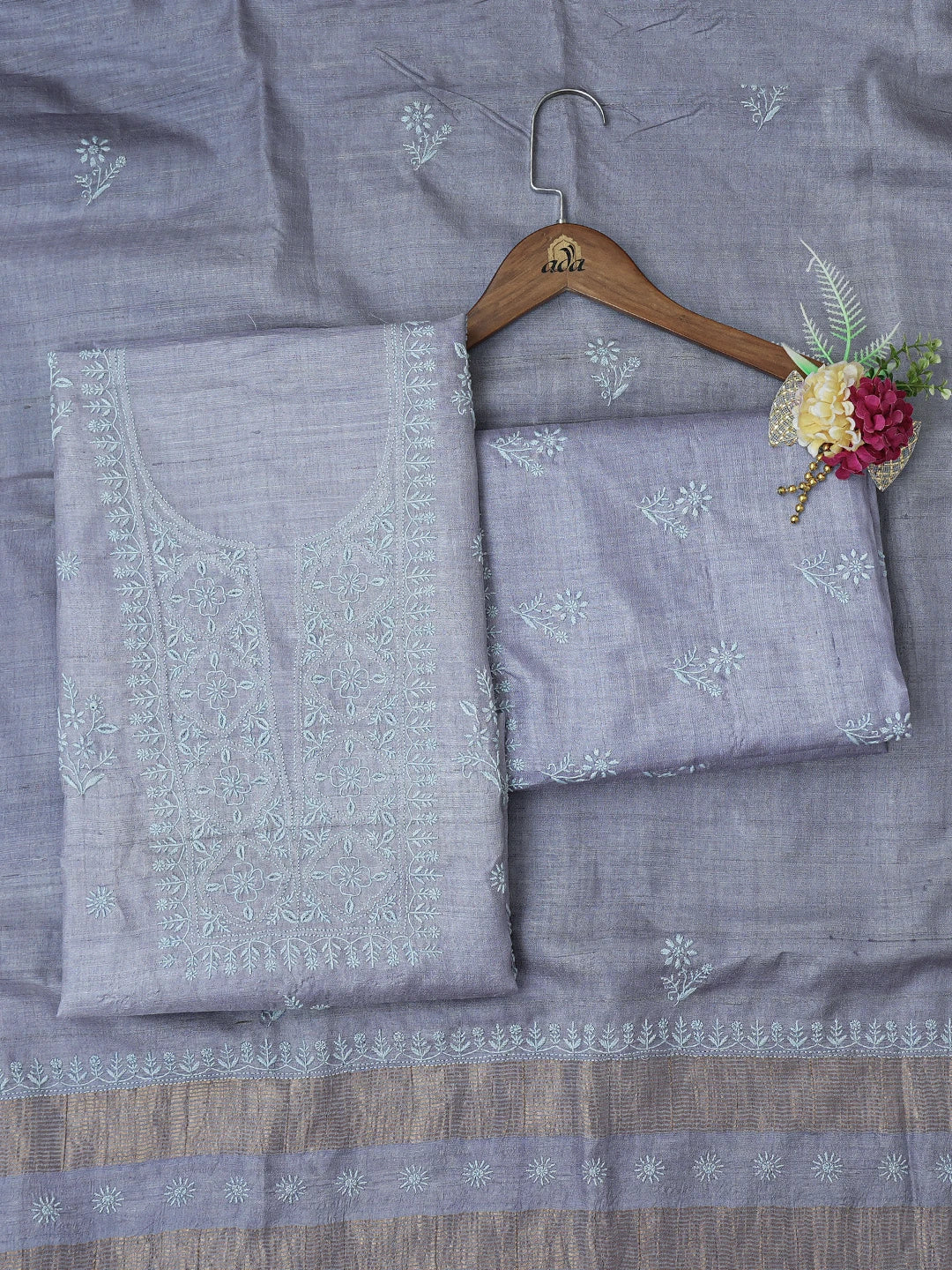 Ada Hand Embroidered Cool Grey Silk Lucknowi Chikankari Unstitched Kurta Dupatta Set 01A716268