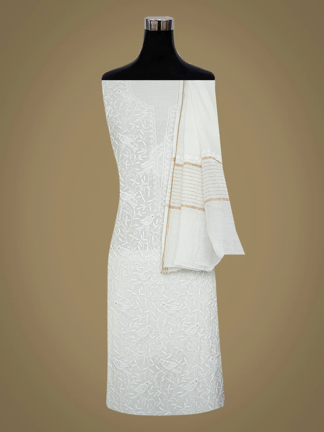 Ada Hand Embroidered White Chanderi Lucknowi Chikankari Unstitched Kurta Dupatta Set With Cutdana Work 01A711102