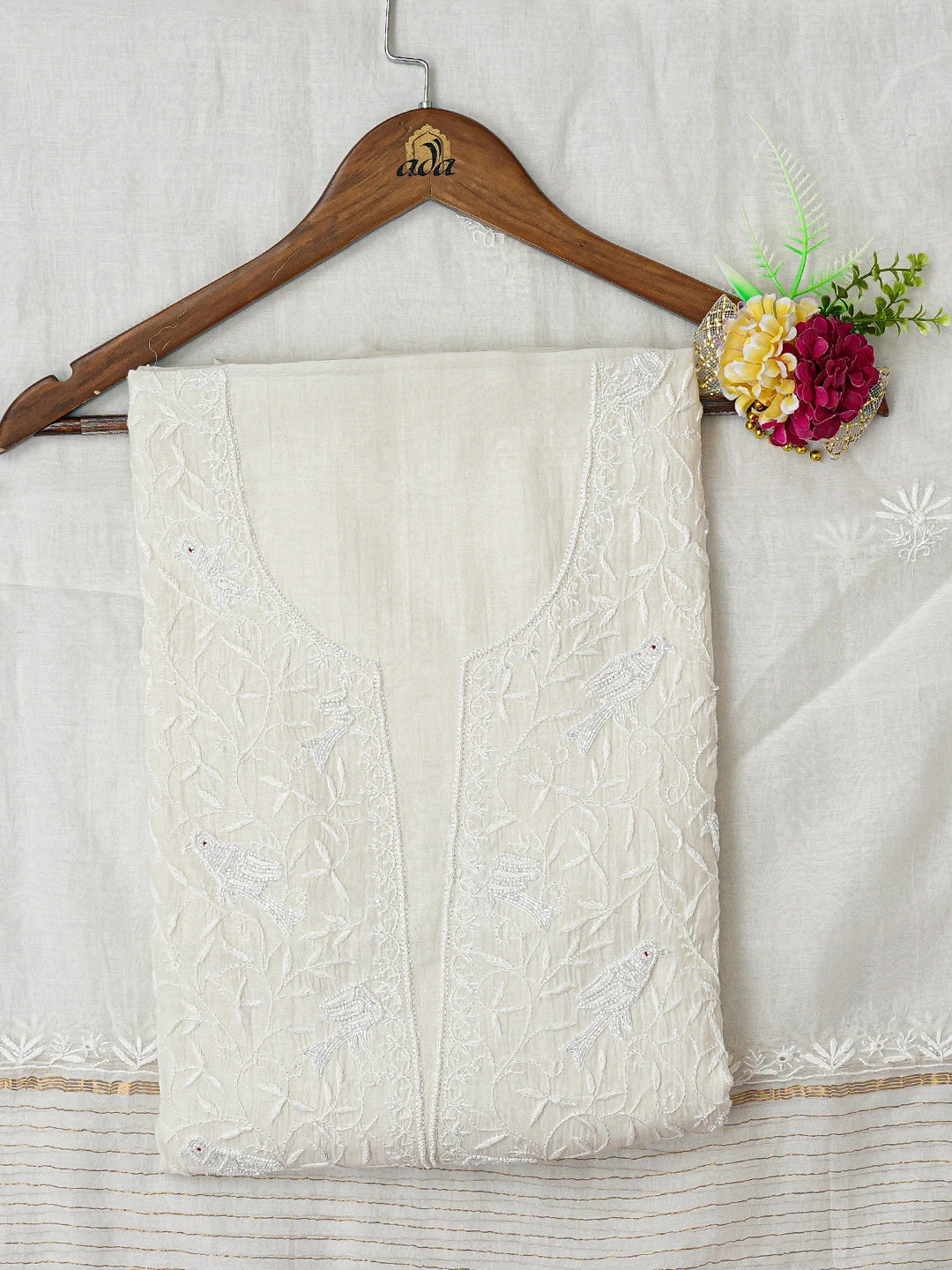 Ada Hand Embroidered White Chanderi Lucknowi Chikankari Unstitched Kurta Dupatta Set With Cutdana Work 01A711102