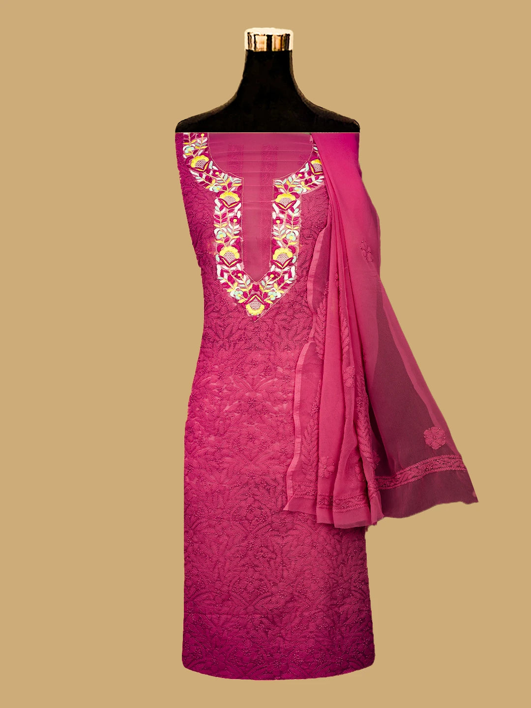 Ada Hand Embroidered Carrot Pink Georgette Lucknowi Chikankari Unstitched Suit Piece With Parsi Work 01A696770