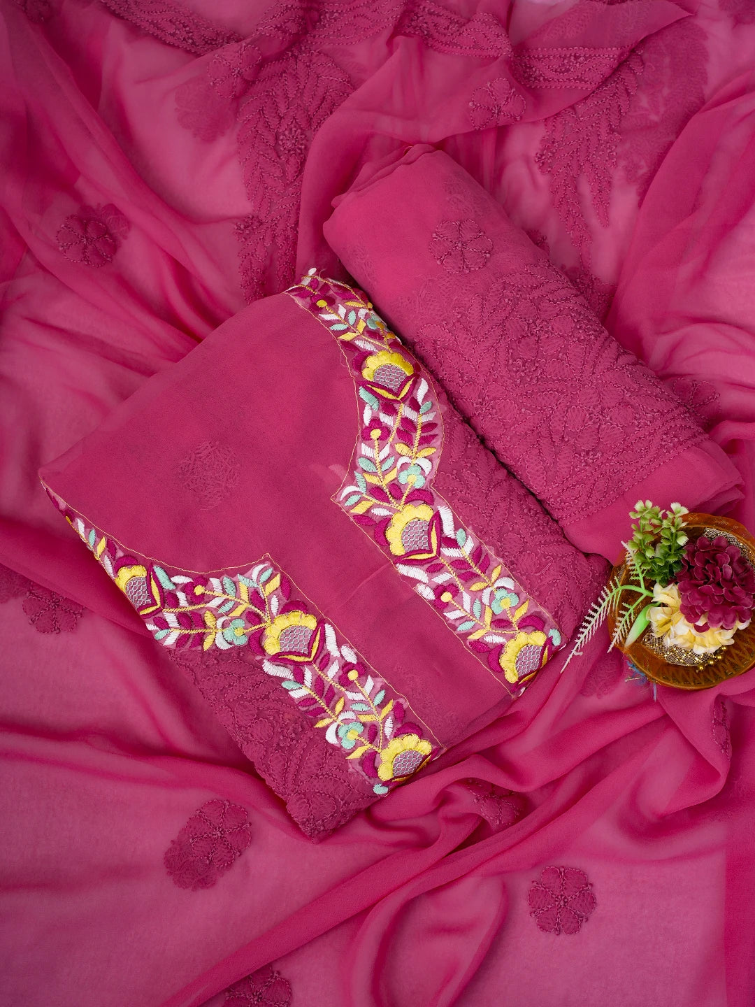 Ada Hand Embroidered Carrot Pink Georgette Lucknowi Chikankari Unstitched Suit Piece With Parsi Work 01A696770