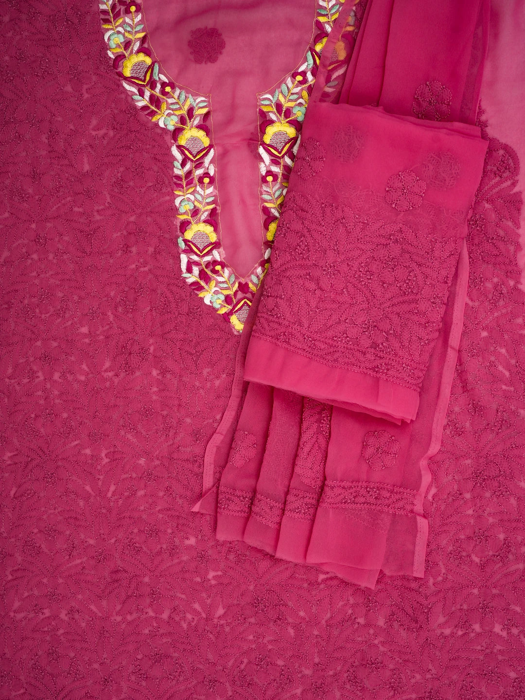 Ada Hand Embroidered Carrot Pink Georgette Lucknowi Chikankari Unstitched Suit Piece With Parsi Work 01A696770