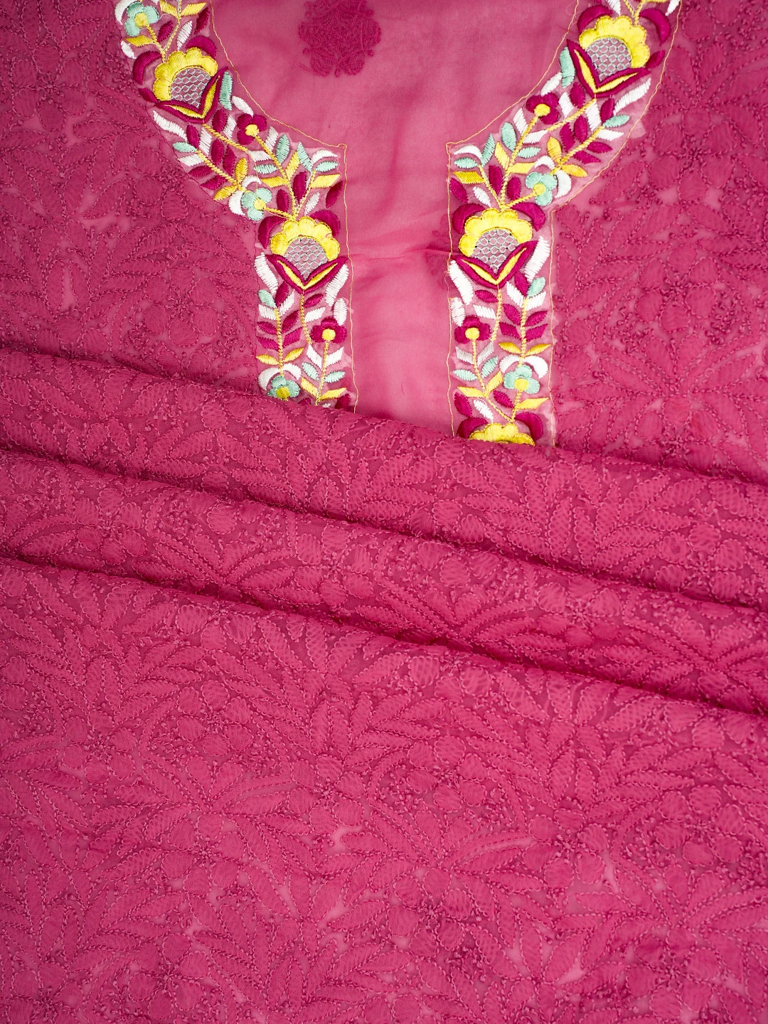 Ada Hand Embroidered Carrot Pink Georgette Lucknowi Chikankari Unstitched Suit Piece With Parsi Work 01A696770