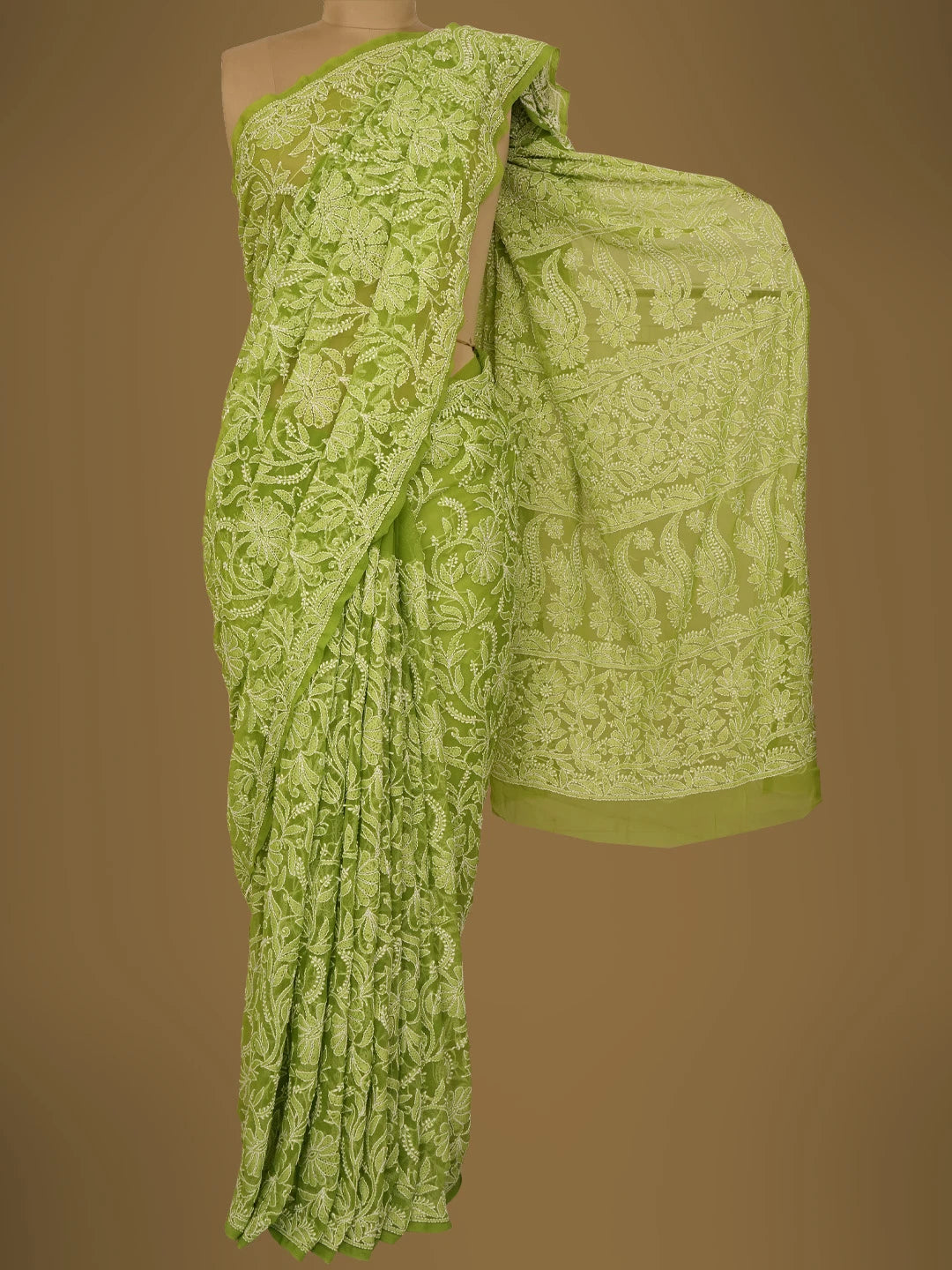 Ada Hand Embroidered Avacado Green Georgette Lucknowi Chikankari Saree with Blouse 01A725508