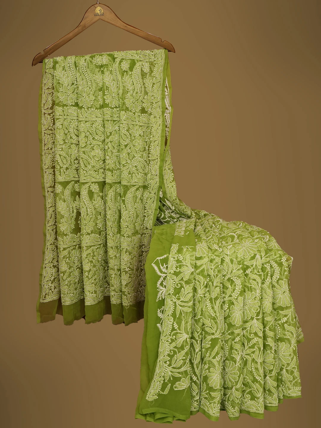 Ada Hand Embroidered Avacado Green Georgette Lucknowi Chikankari Saree with Blouse 01A725508