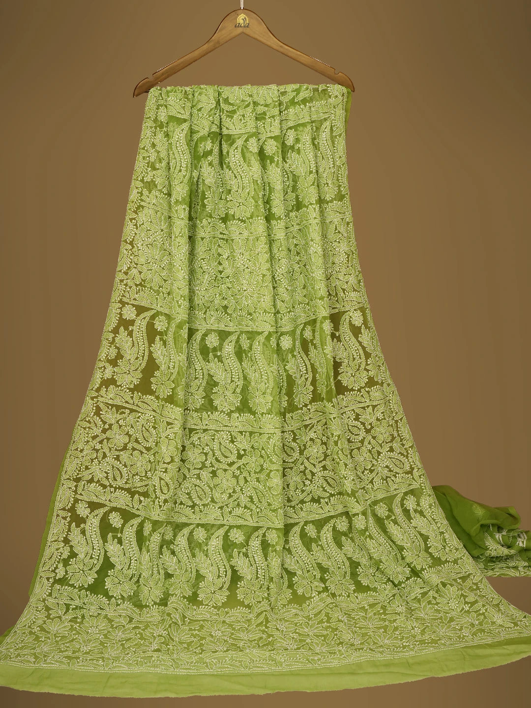 Ada Hand Embroidered Avacado Green Georgette Lucknowi Chikankari Saree with Blouse 01A725508