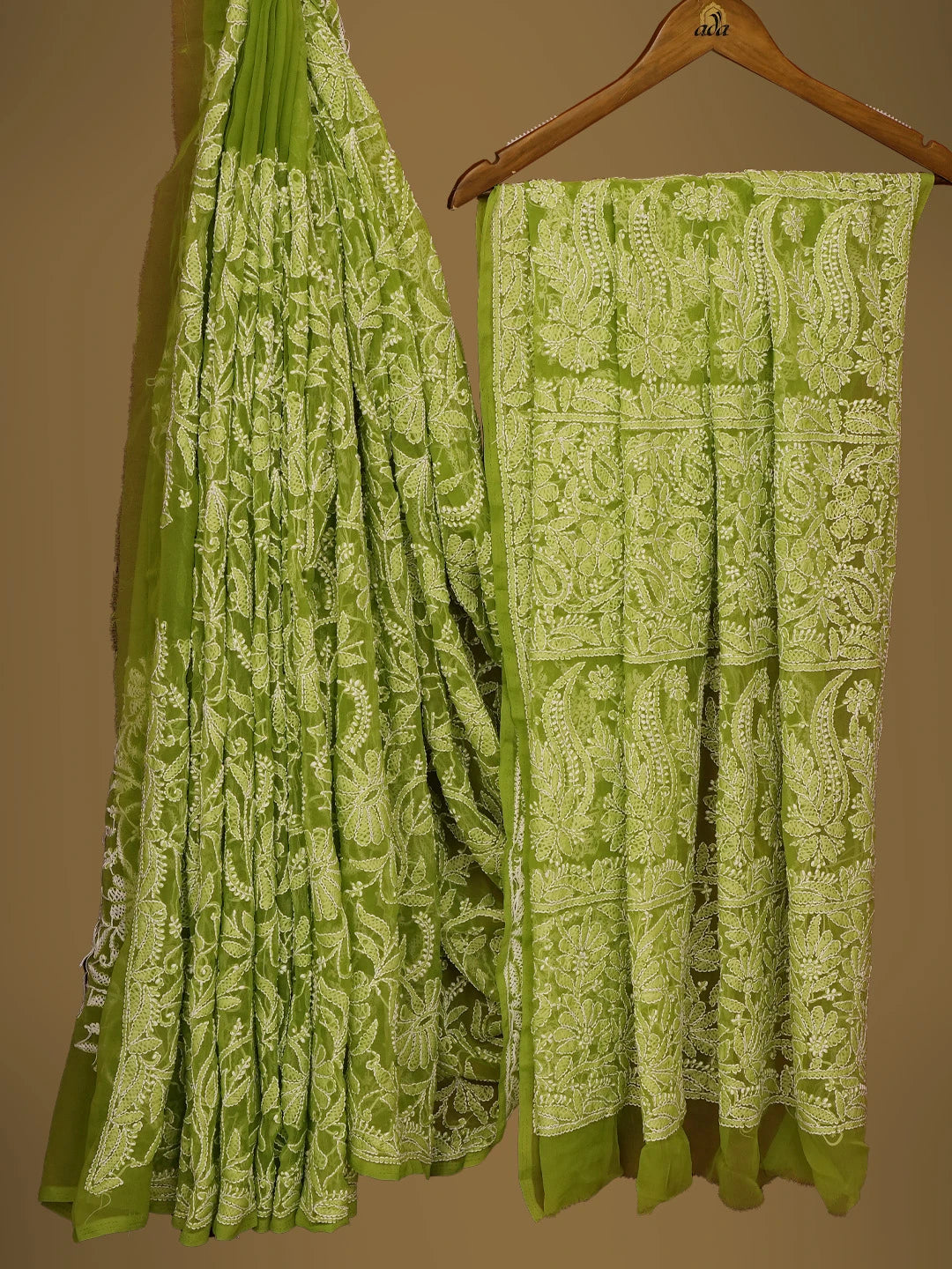 Ada Hand Embroidered Avacado Green Georgette Lucknowi Chikankari Saree with Blouse 01A725508